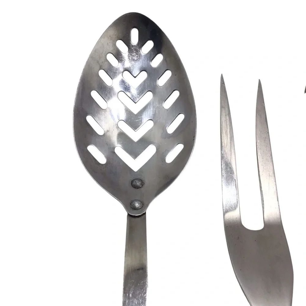 Vintage Japan Stainless Steel 3 Pc Serving Set Wood Handle Spoon Fork Utensils